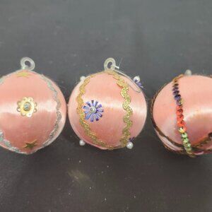 Set of 3 Vintage Pink Satin Ribbon Wrapped and Beaded Christmas Ornament